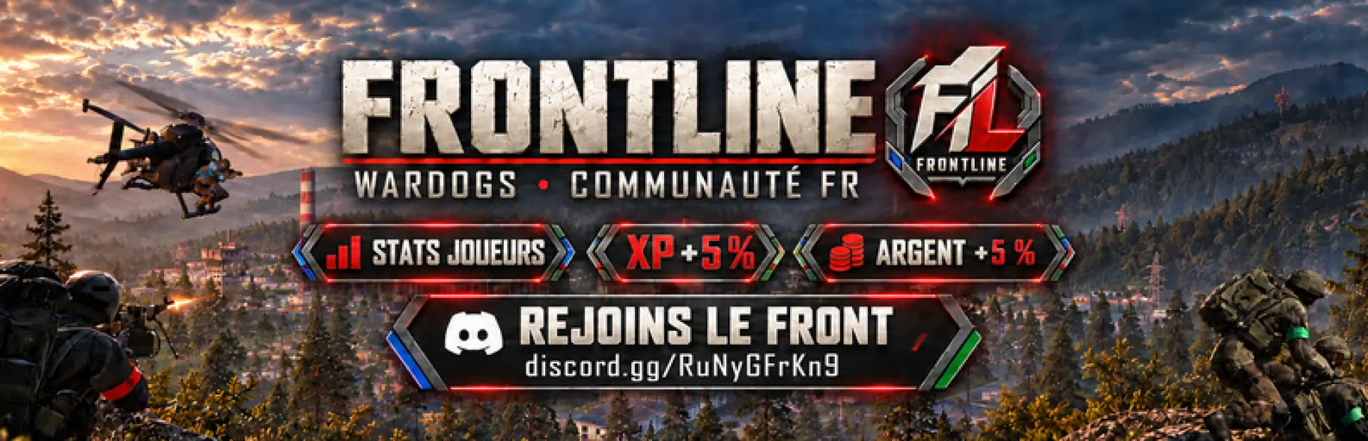 Bannière FRONTLINE WARDOGS | FR/EU | Stats joueurs | XP +5% · Argent +5%